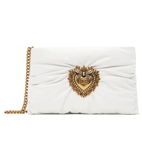 NWT Authentic Dolce & Gabbana Devotion White Leather Heart Bag Gold Chain Pearl - Picture 1 of 14